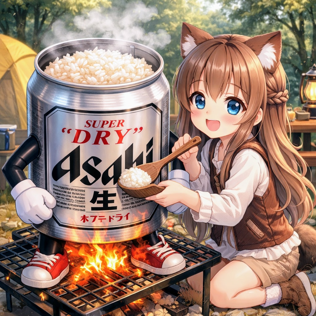 ビール缶で米を炊いた小さな女の子