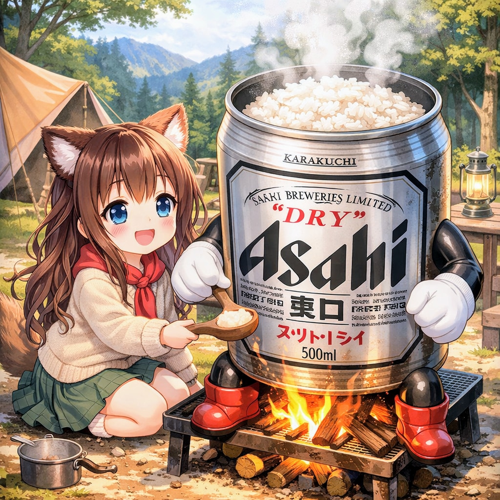 ビール缶で米を炊いた小さな女の子