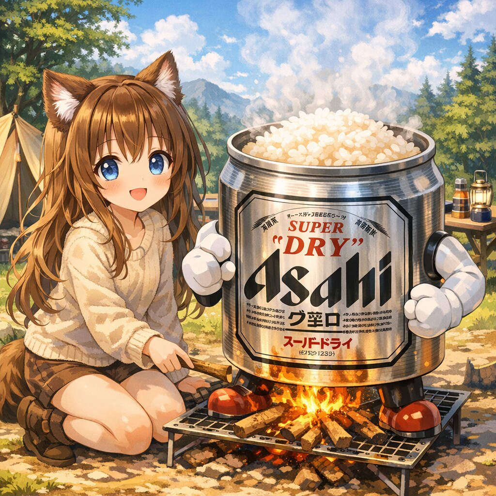 ビール缶で米を炊いた小さな女の子
