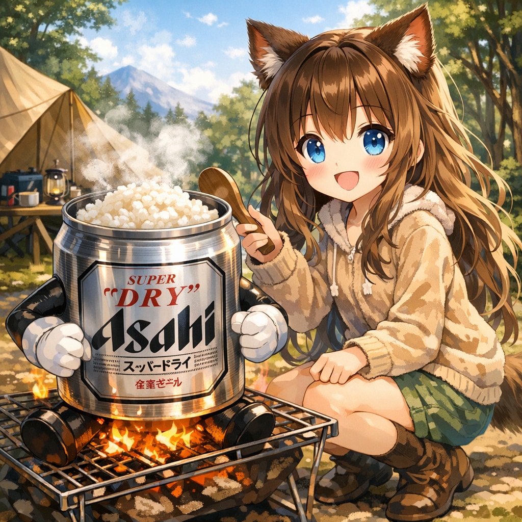 ビール缶で米を炊いた小さな女の子