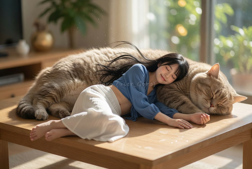 小さな彼女、猫とお昼寝