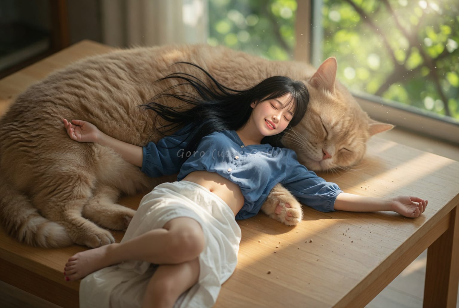 小さな彼女、猫とお昼寝 | の人気AIイラスト・グラビア
