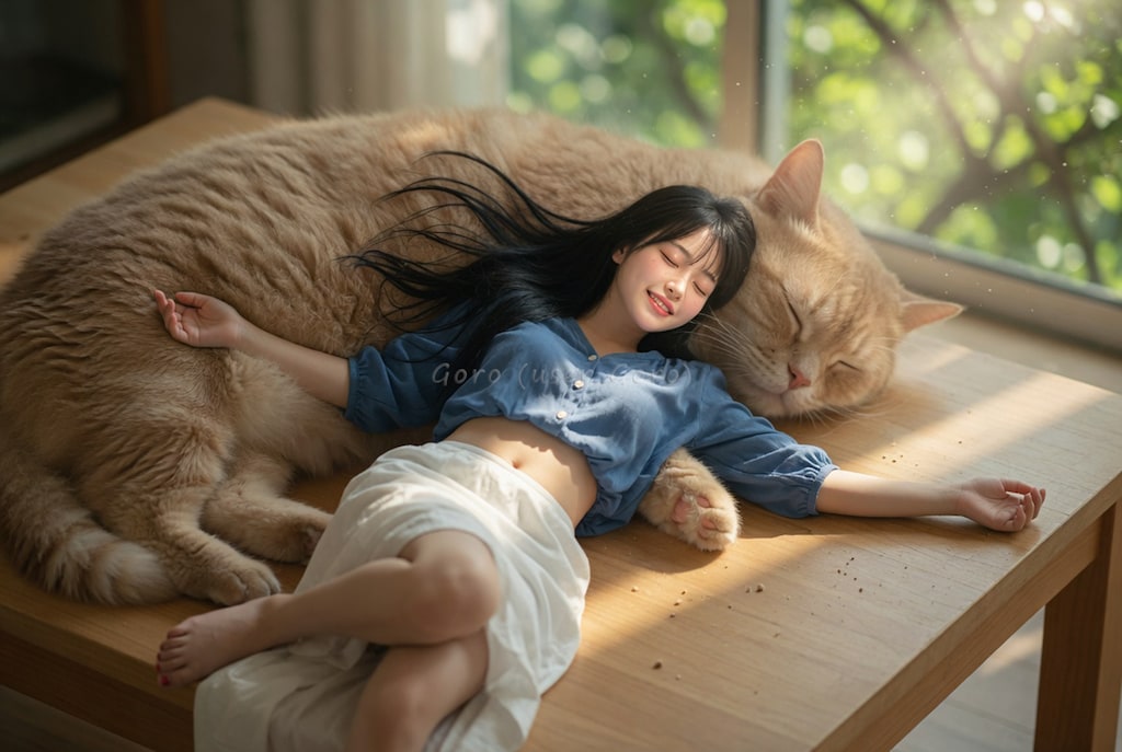 小さな彼女、猫とお昼寝
