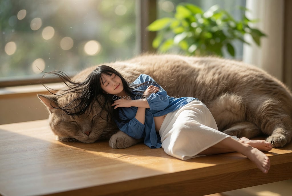 小さな彼女、猫とお昼寝