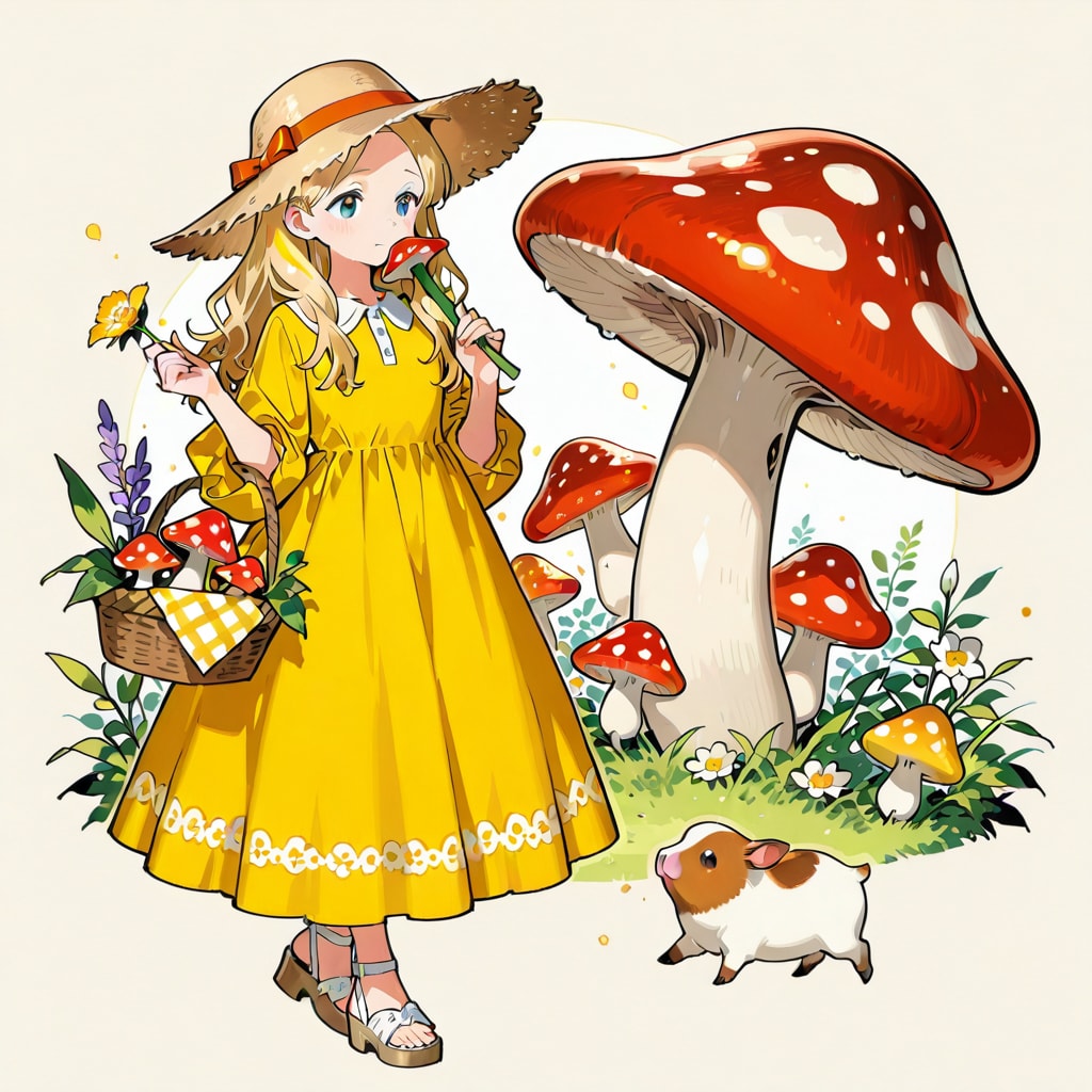 カラフルなキノコの香りを嗅ぐとかいう命に関わる危険行為をするメルヘン女子とモルモット７０％ブタ３０％くらいの謎の生物