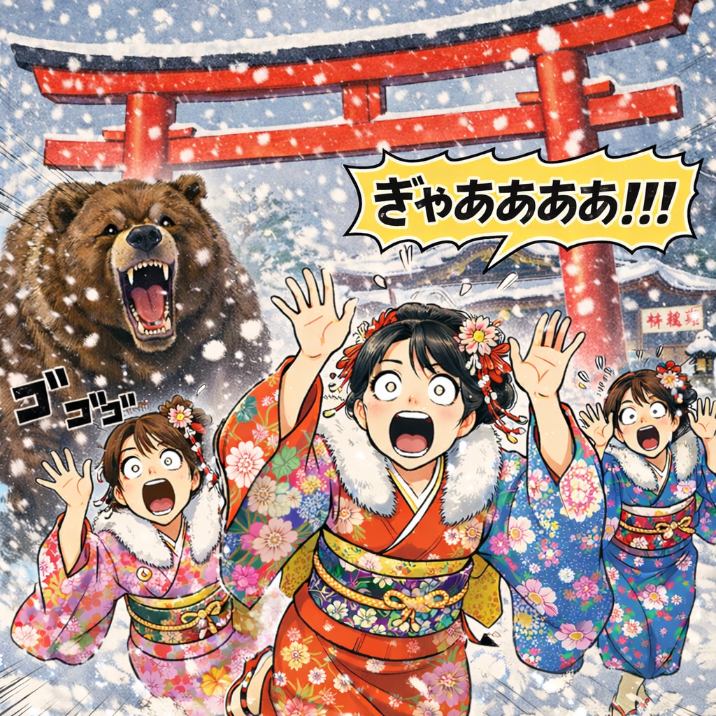 初詣で、熊に襲われる | の人気AIイラスト・グラビア