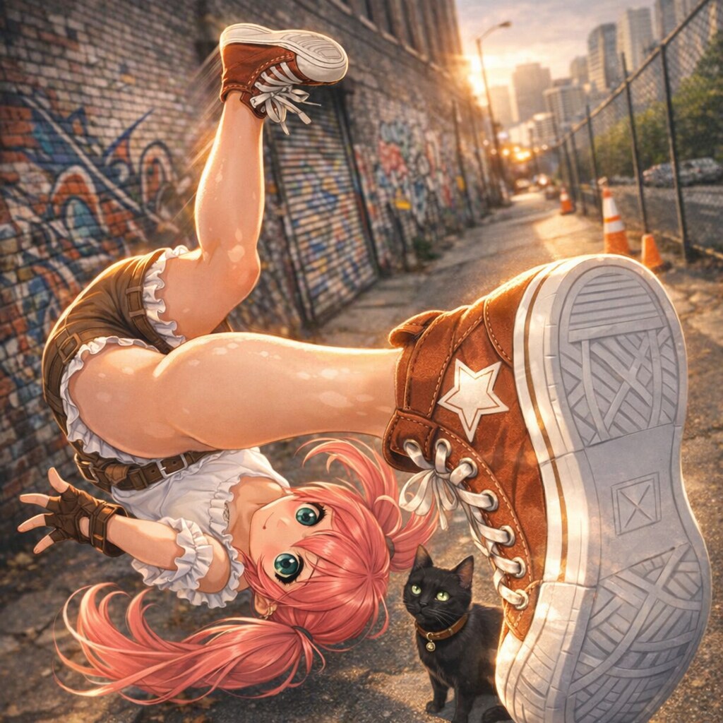 逆光ストリートで舞う、ピンクツインテールの一瞬