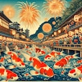浮世絵　真夏の江戸の町を泳ぐ金魚達＆金魚草＆花火大会 2枚目