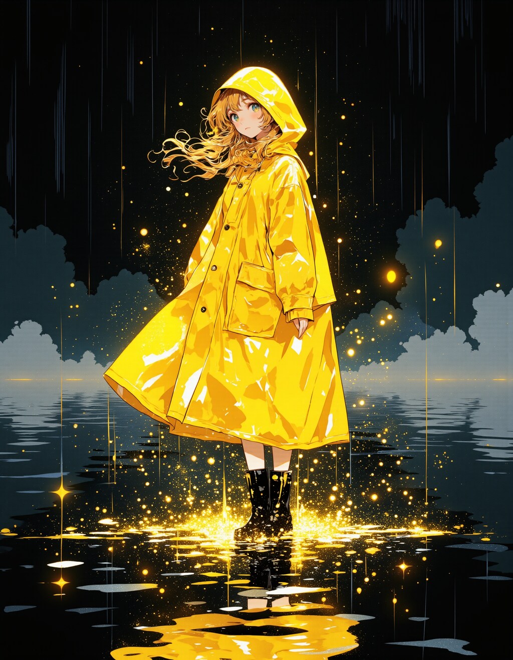 黄色のレインコートと夜の雨