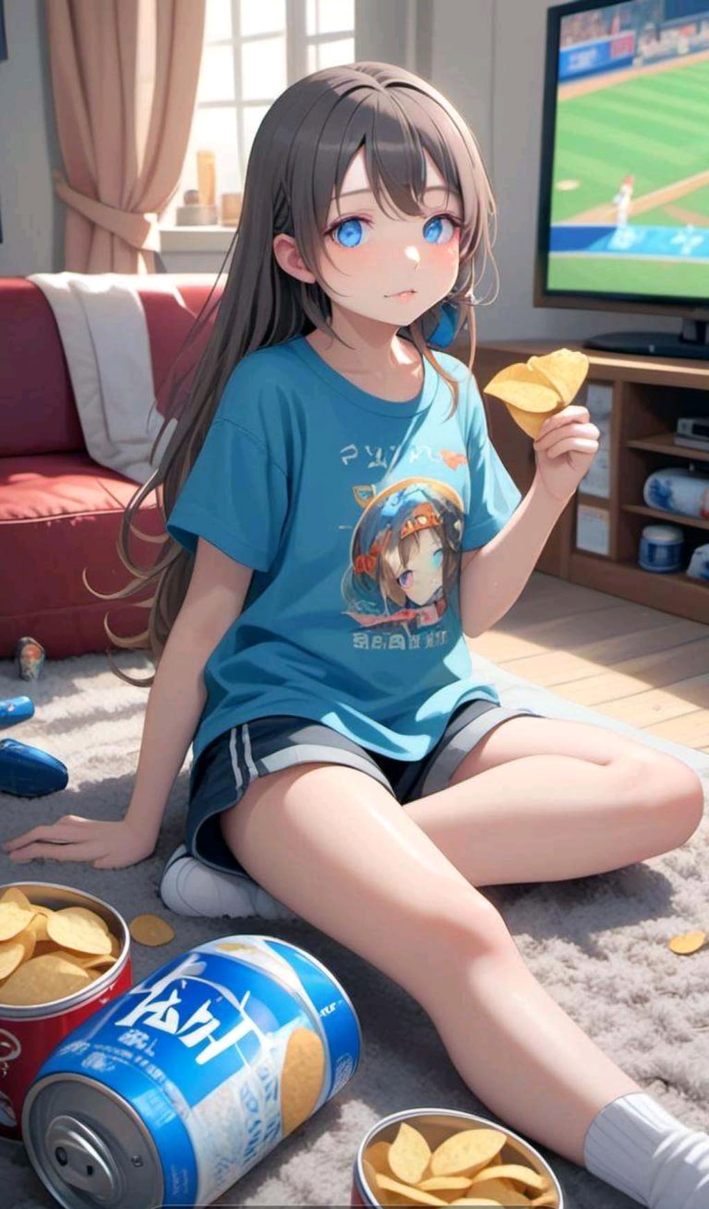 テレビで野球を観る小さな女の子