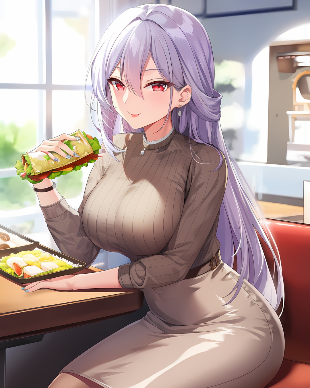 カフェランチ！グレージュニットの上品お姉さん☕️ | の人気AIイラスト・グラビア