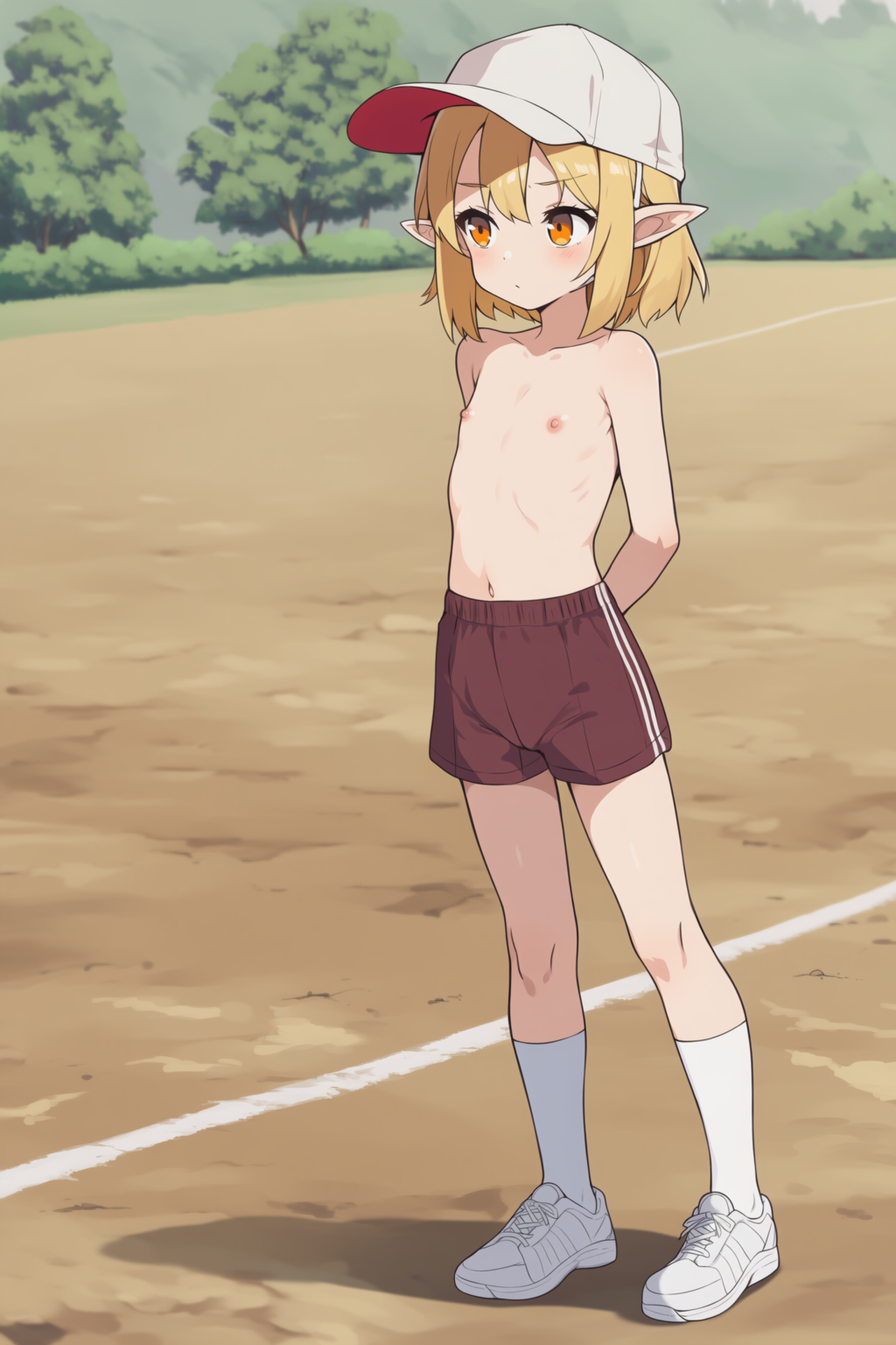 上半身裸+体操着の短パン+赤白帽のエルフさん