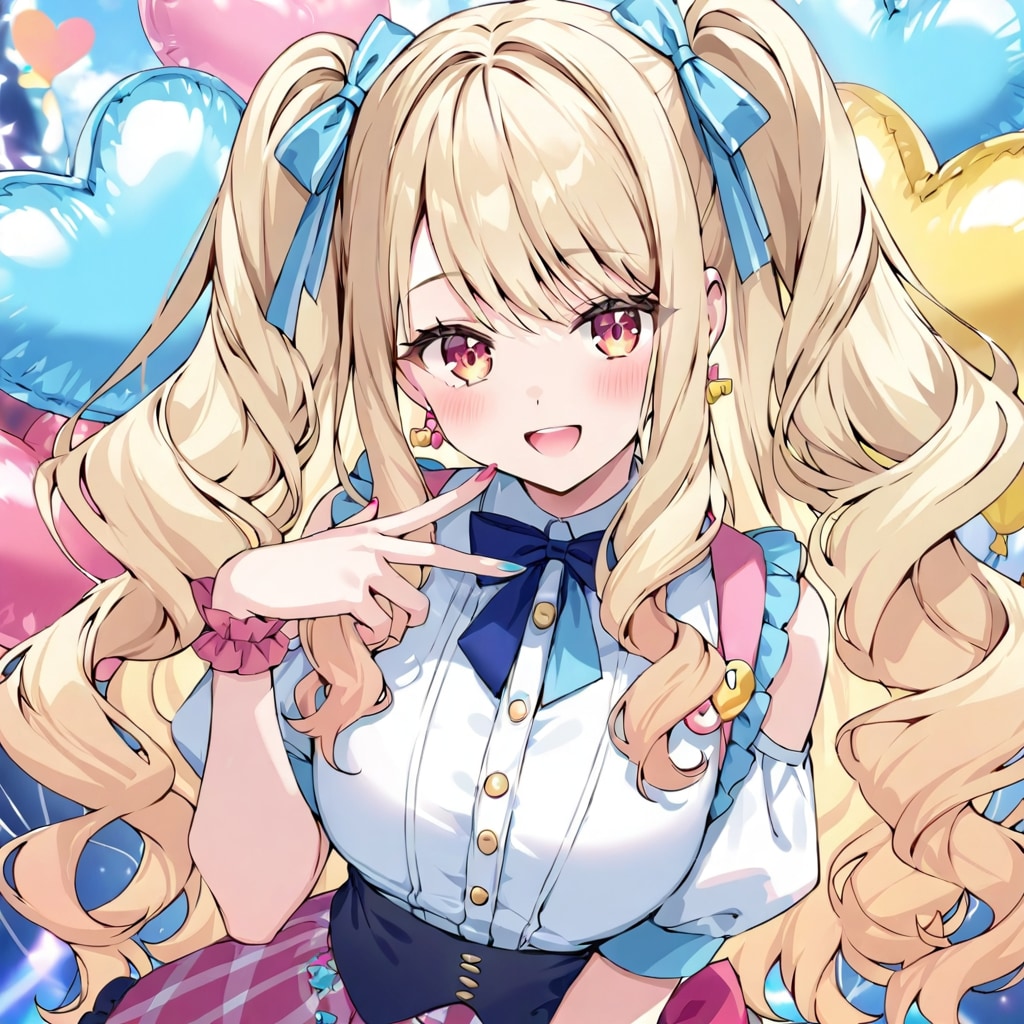 いっぱい色とりどりのハート風船を持つブロンドロングウェーブヘアのアイドル衣装着た美少女