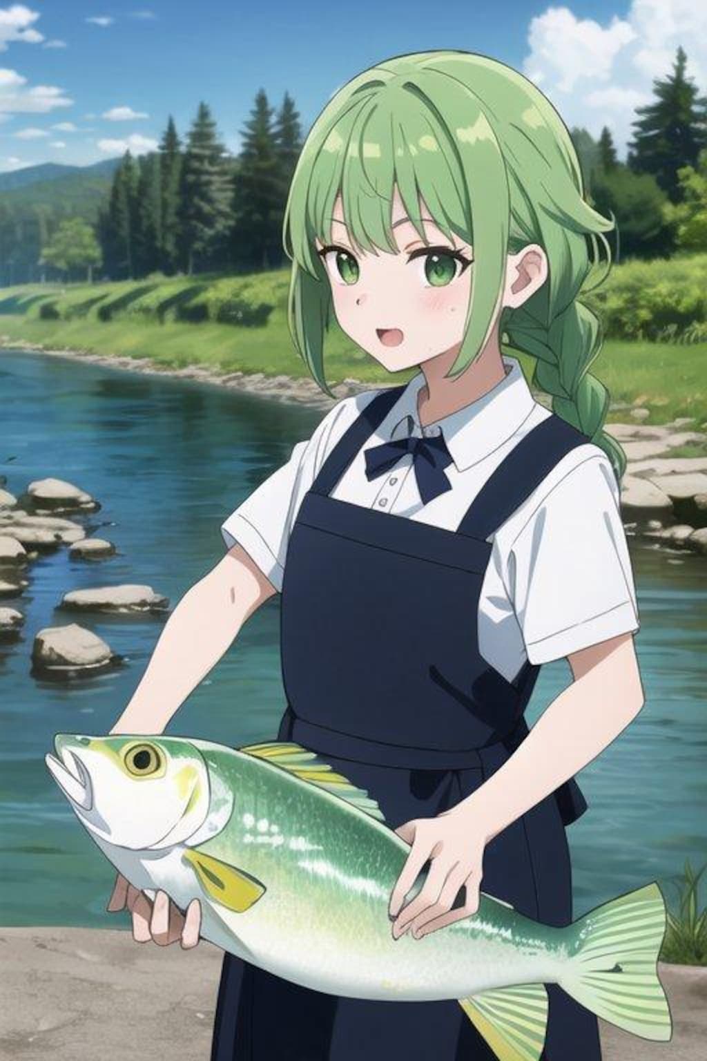 魚を捕まえ大喜び