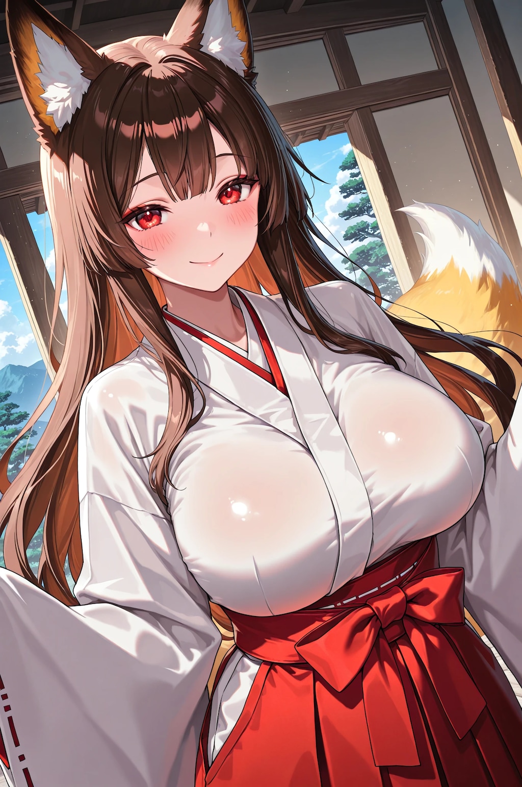 巨乳の狐耳巫女娘