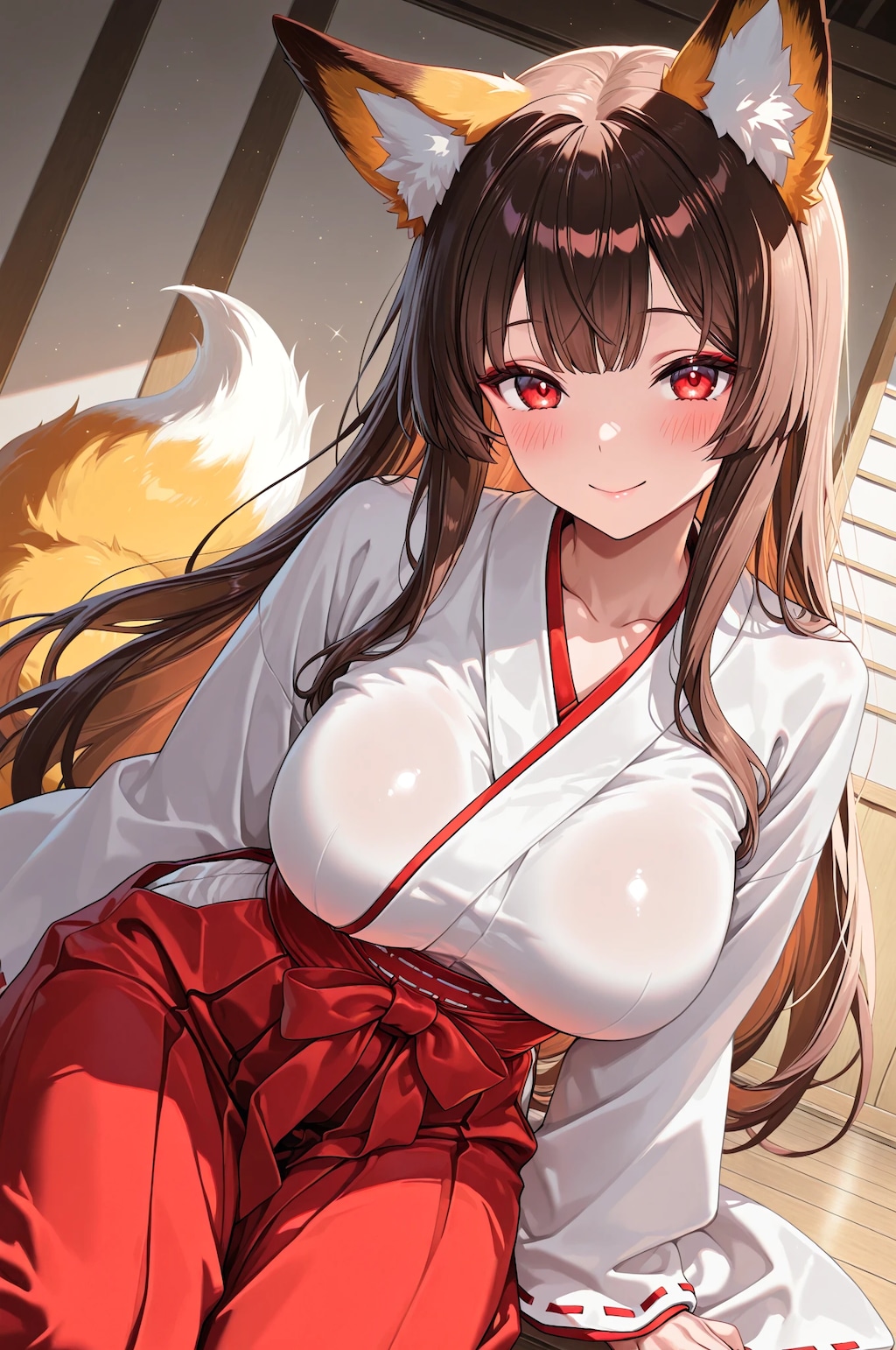 巨乳の狐耳巫女娘