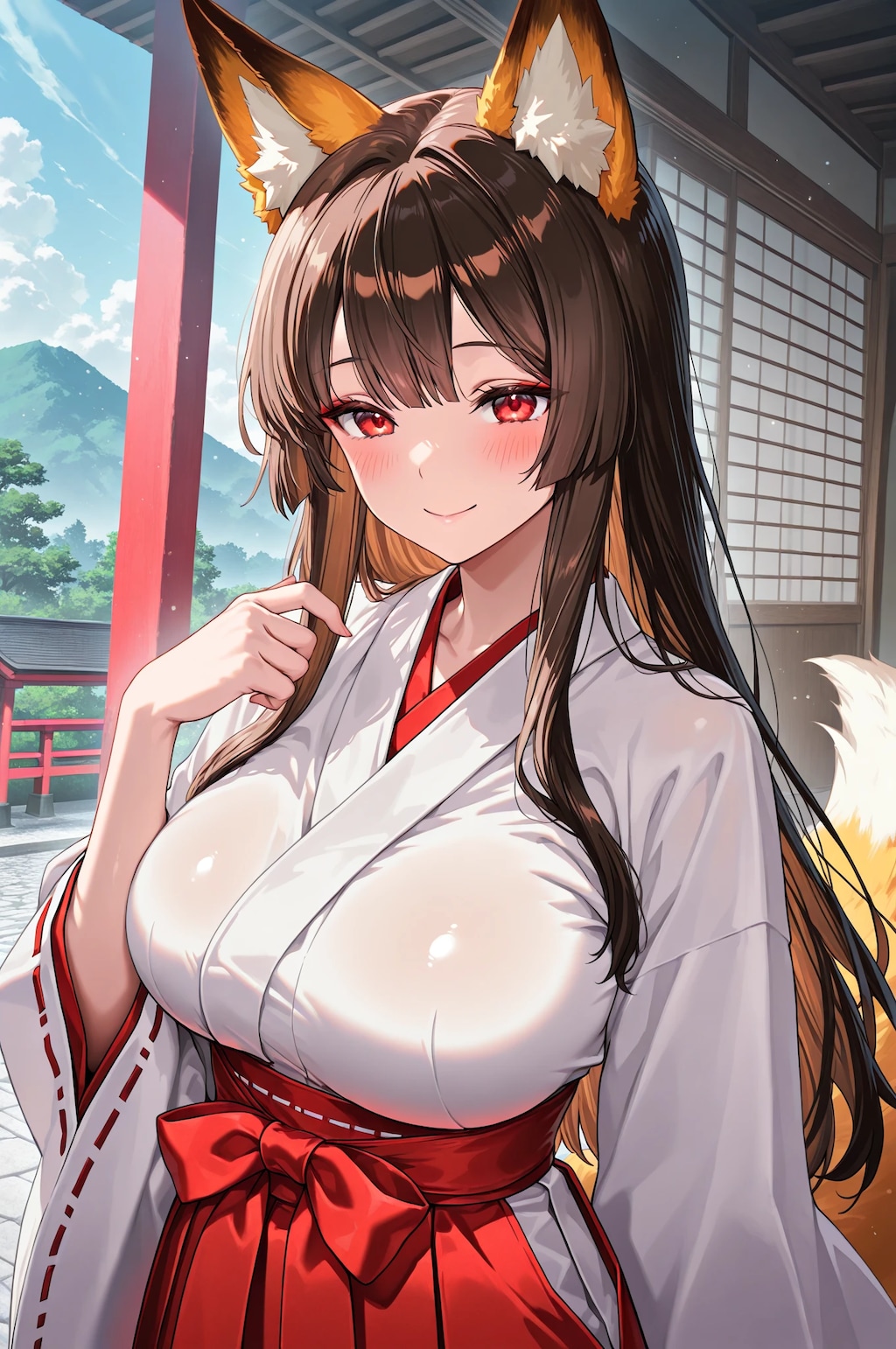 巨乳の狐耳巫女娘