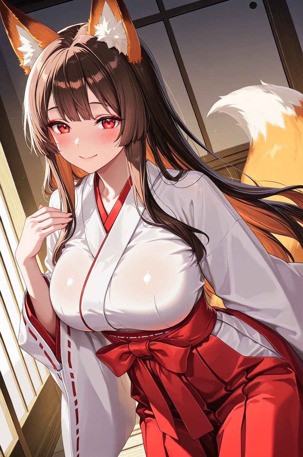 巨乳の狐耳巫女娘