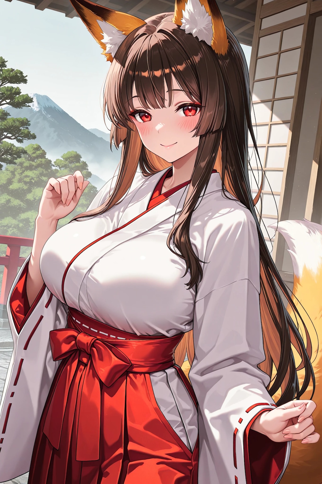 巨乳の狐耳巫女娘