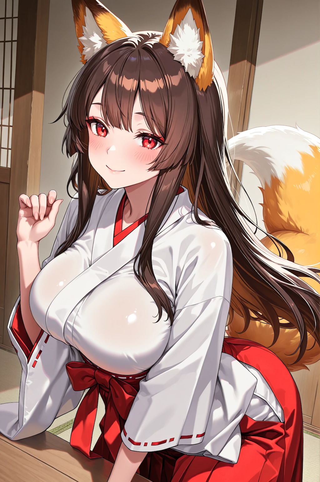 巨乳の狐耳巫女娘