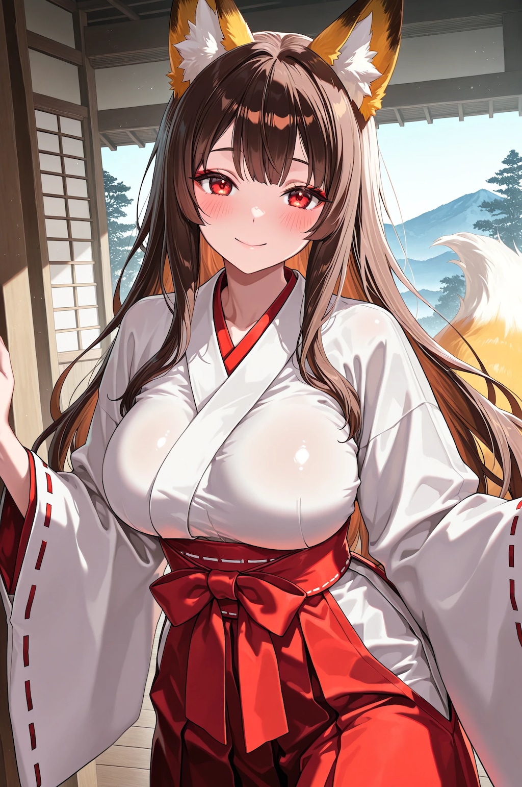 巨乳の狐耳巫女娘