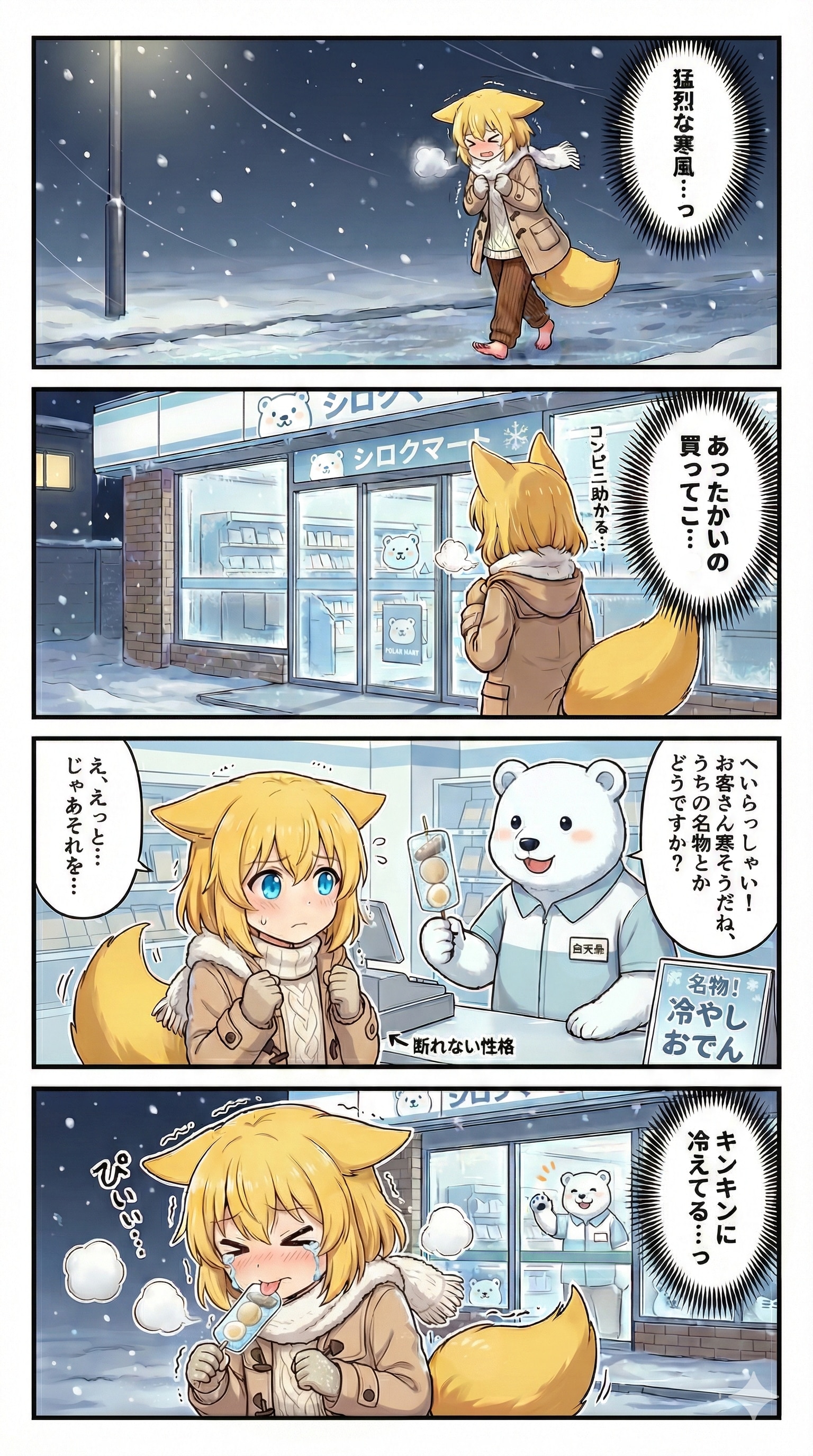 雪が舞う夜の帰り道があまりにも寒すぎるからコンビニで温かいものでも食べようと思って店内に入ったところ店長のシロクマさんに… | の人気AIイラスト・グラビア