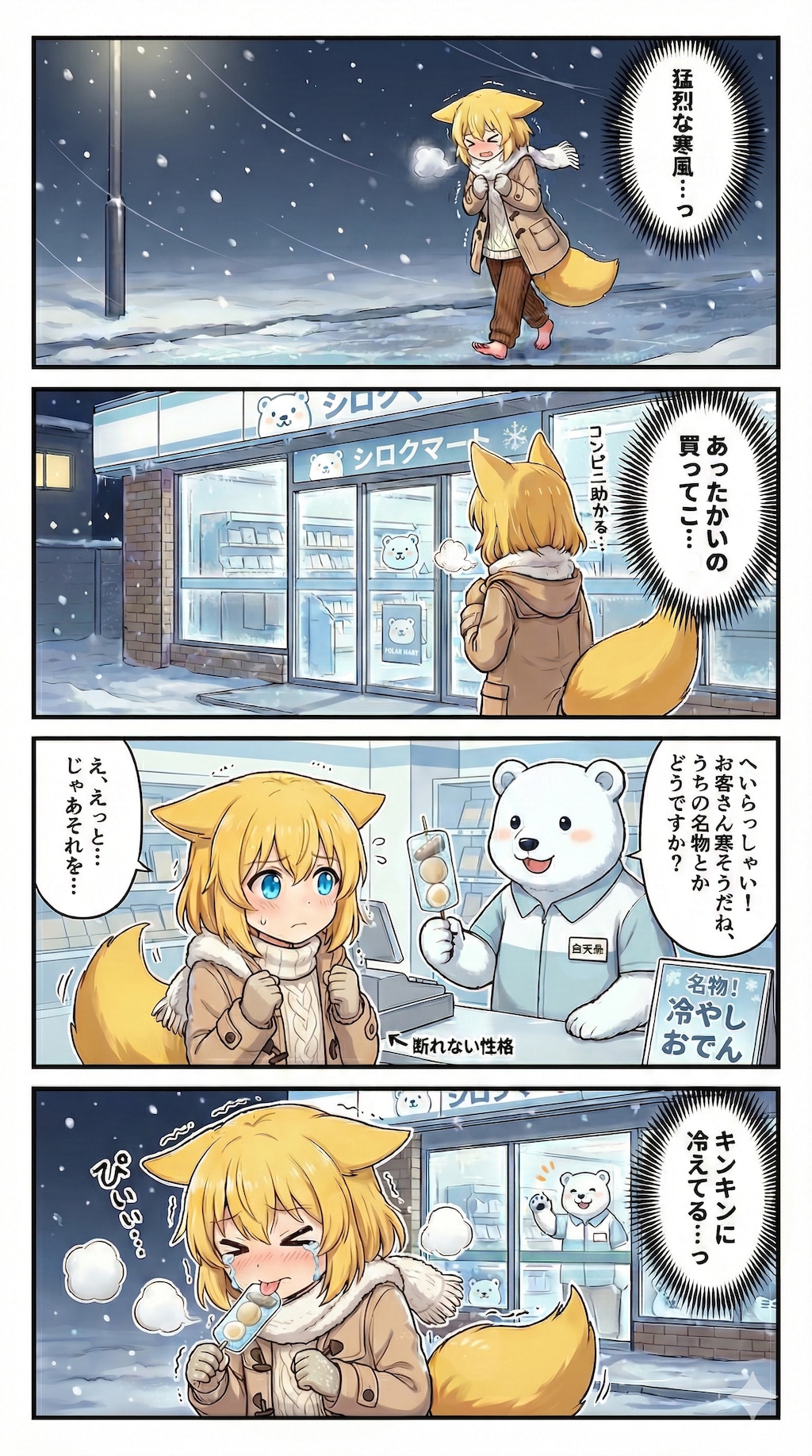 雪が舞う夜の帰り道があまりにも寒すぎるからコンビニで温かいものでも食べようと思って店内に入ったところ店長のシロクマさんに…