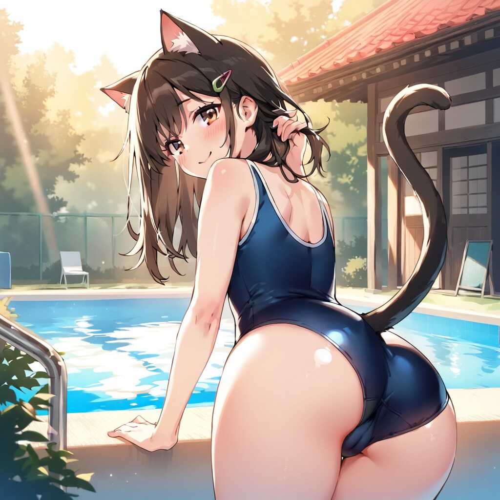 振り向きスク水猫耳さん！