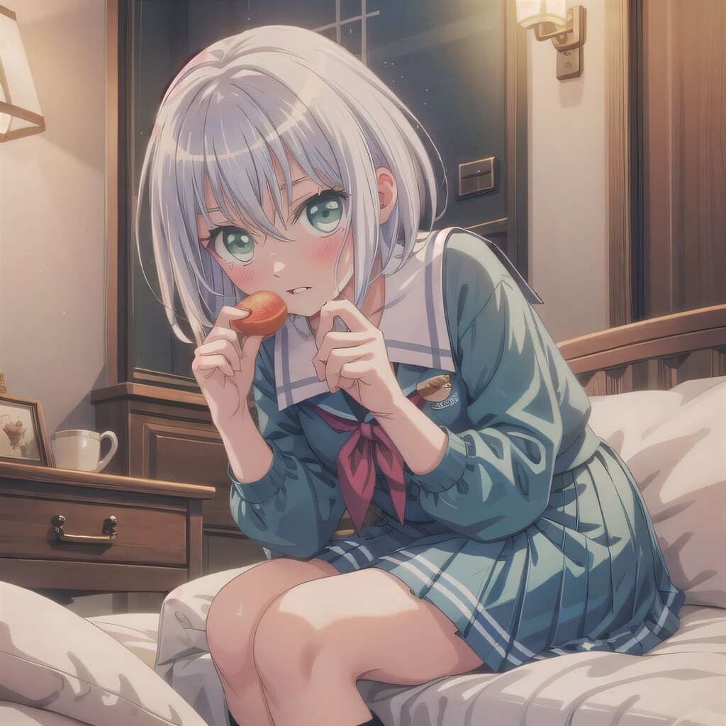 灰髪ボブで寝室の少女