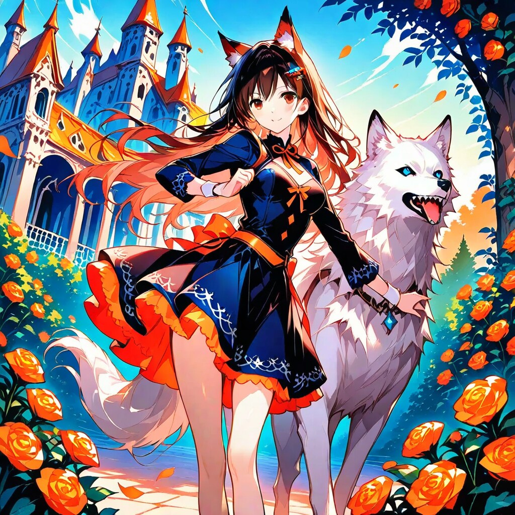 オレンジ色のバラで彩られたお城を守る狼 | の人気AIイラスト・グラビア