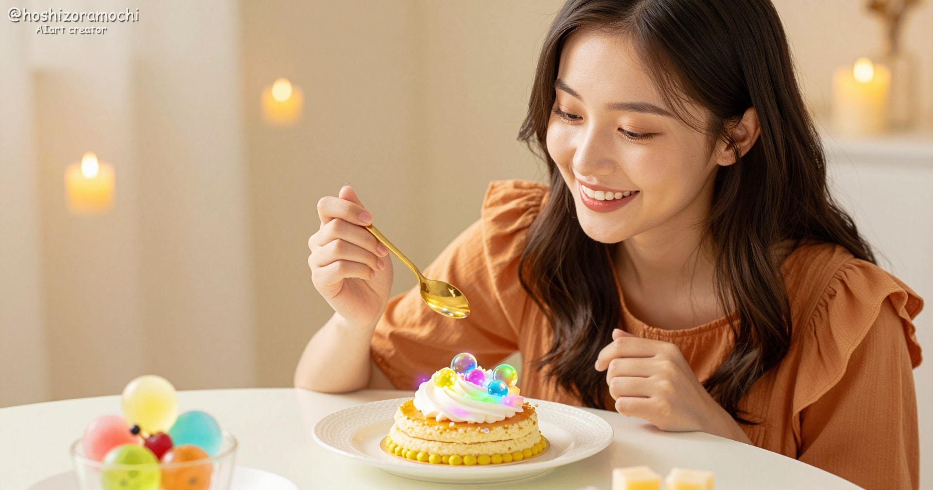「一口食べたら、どんな魔法が始まる？✨」七色に輝く奇跡のパンケーキと彼女の幸せな時間 | の人気AIイラスト・グラビア
