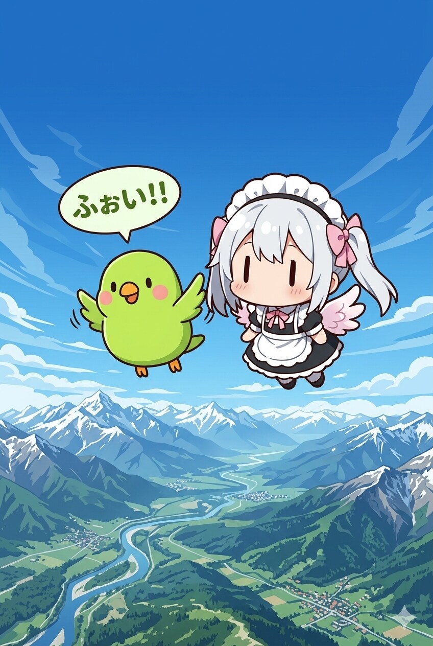 大空を飛ぶインコとチビメイドさん