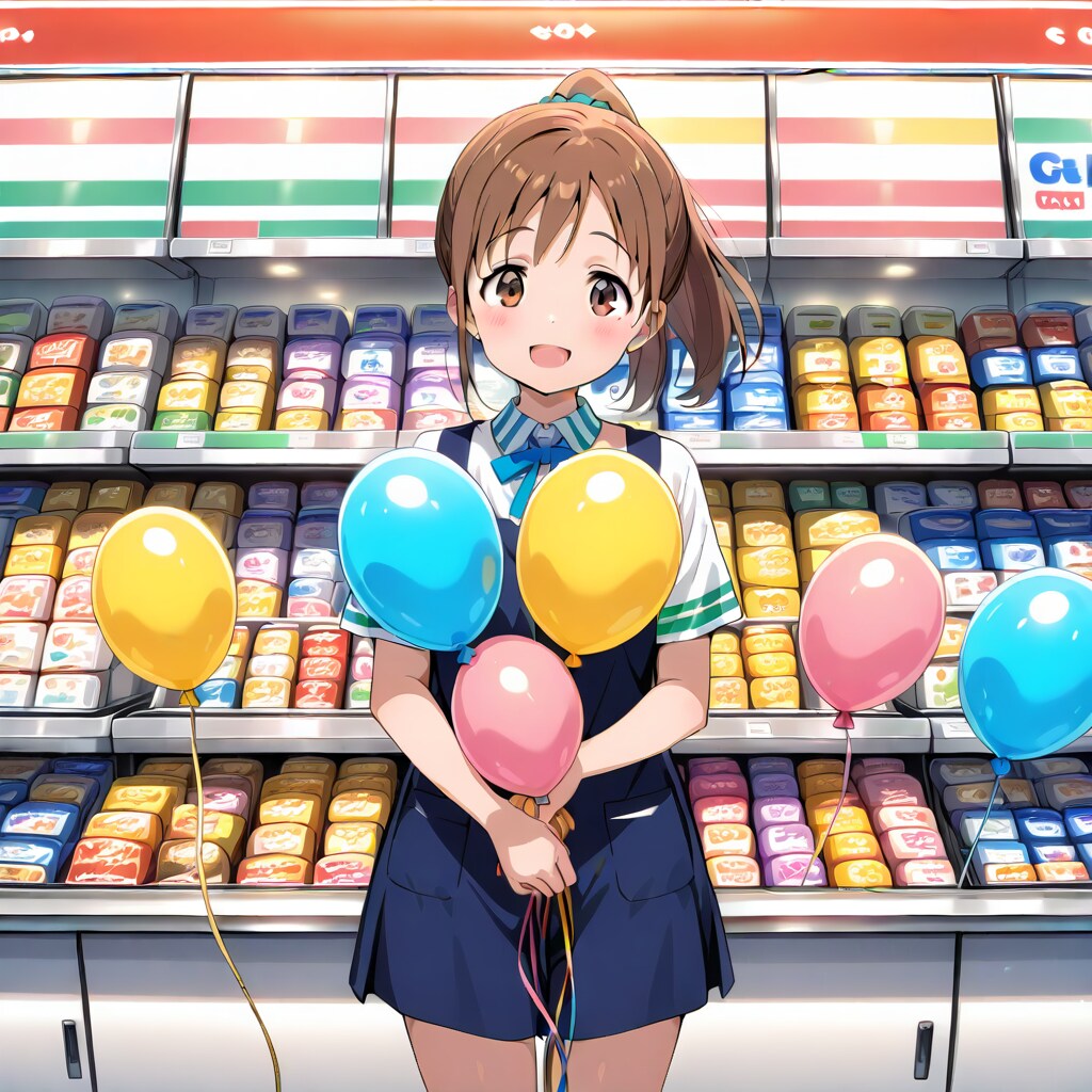 いっぱい風船を持つブラウンポニーテールのコンビニ店員の美女