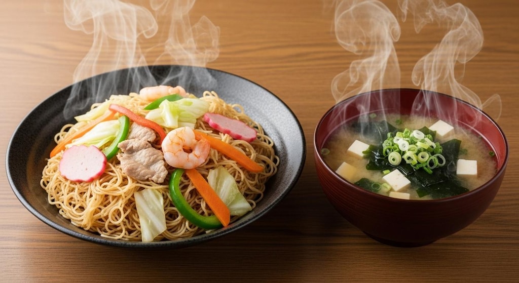 摩訶不思議食堂の焼きビーフンと味噌汁のセット