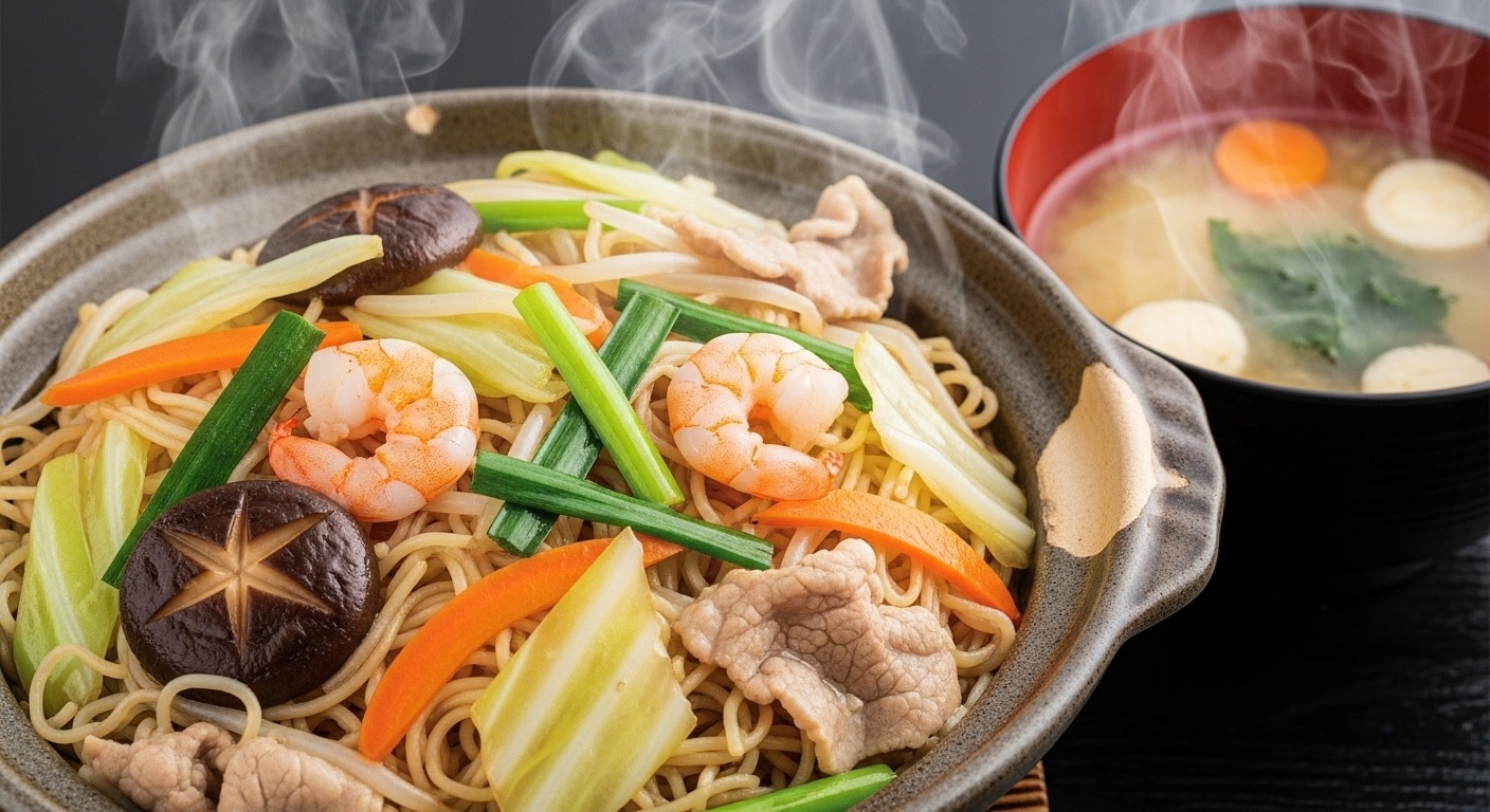 摩訶不思議食堂の焼きビーフンと味噌汁のセット | の人気AIイラスト・グラビア