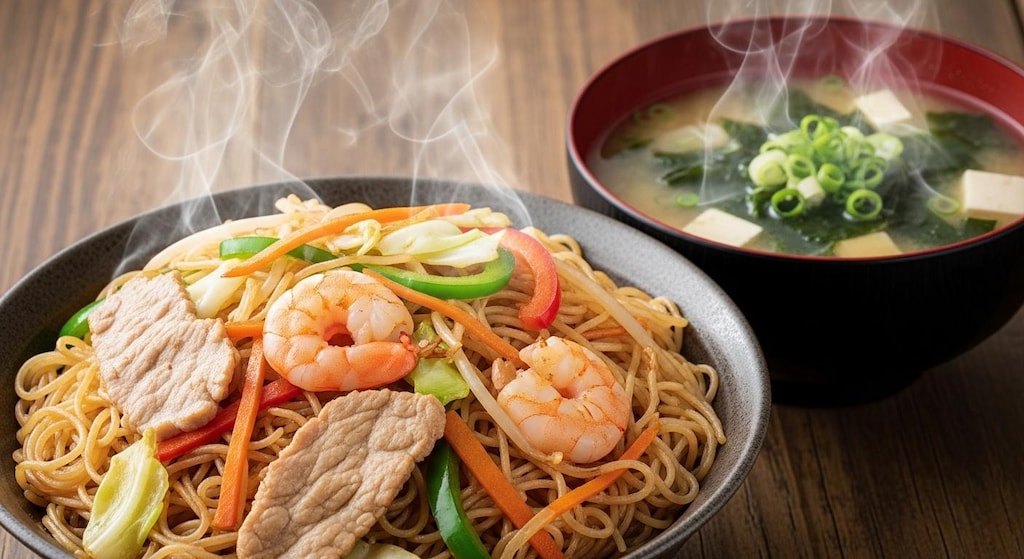 摩訶不思議食堂の焼きビーフンと味噌汁のセット