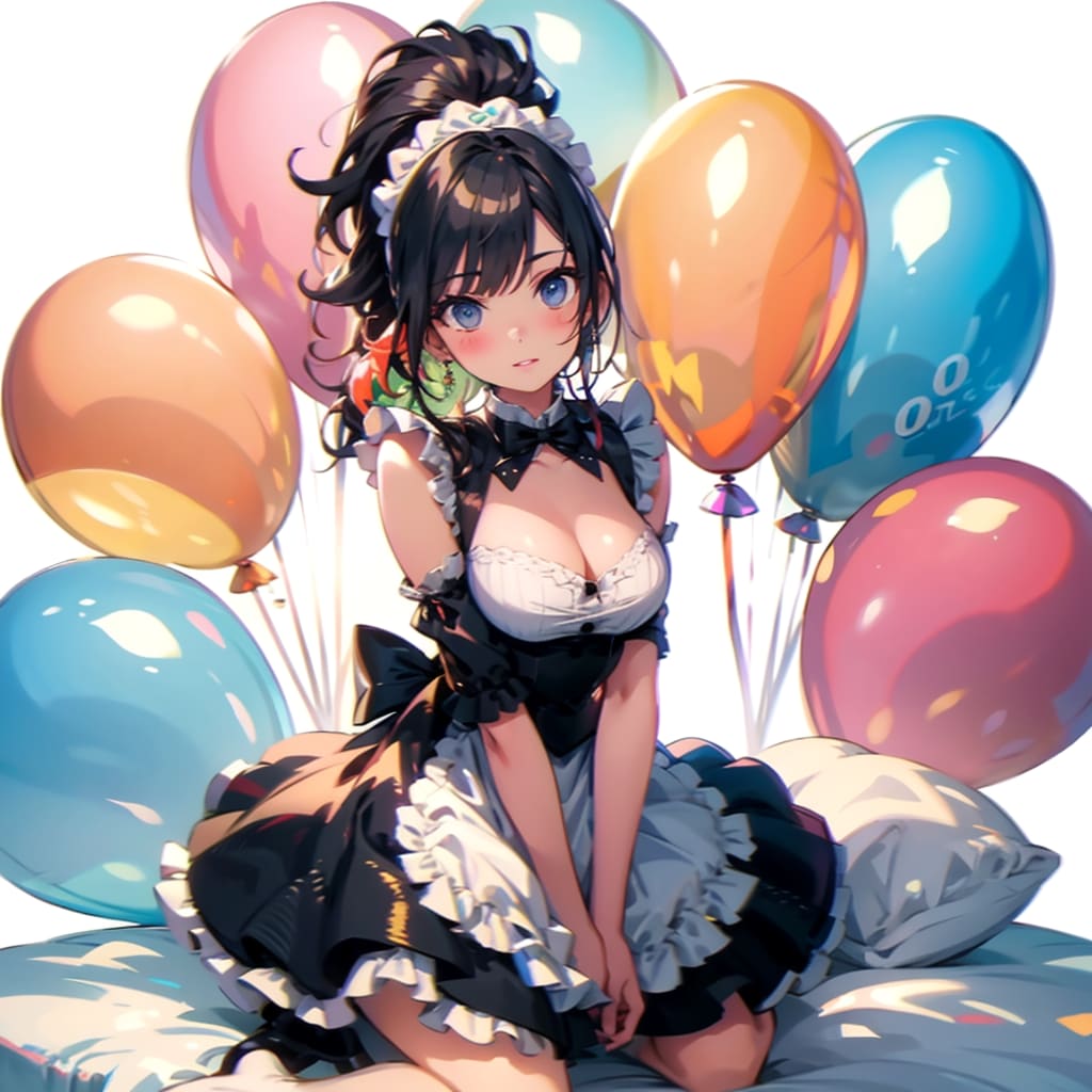 いっぱい風船を持つ黒髪ポニーテールのメイド服着た美女。