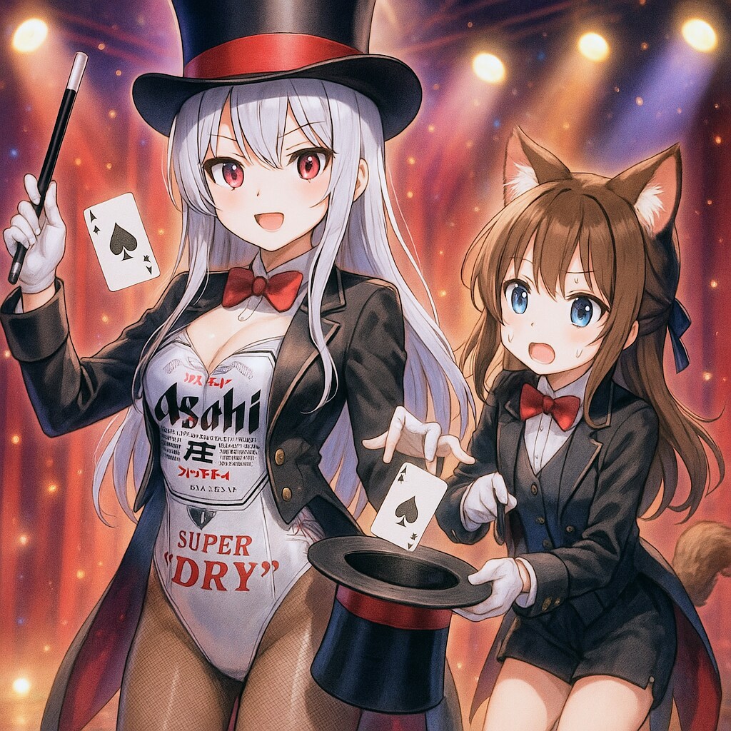 手品をするビール缶美女と小さな女の子