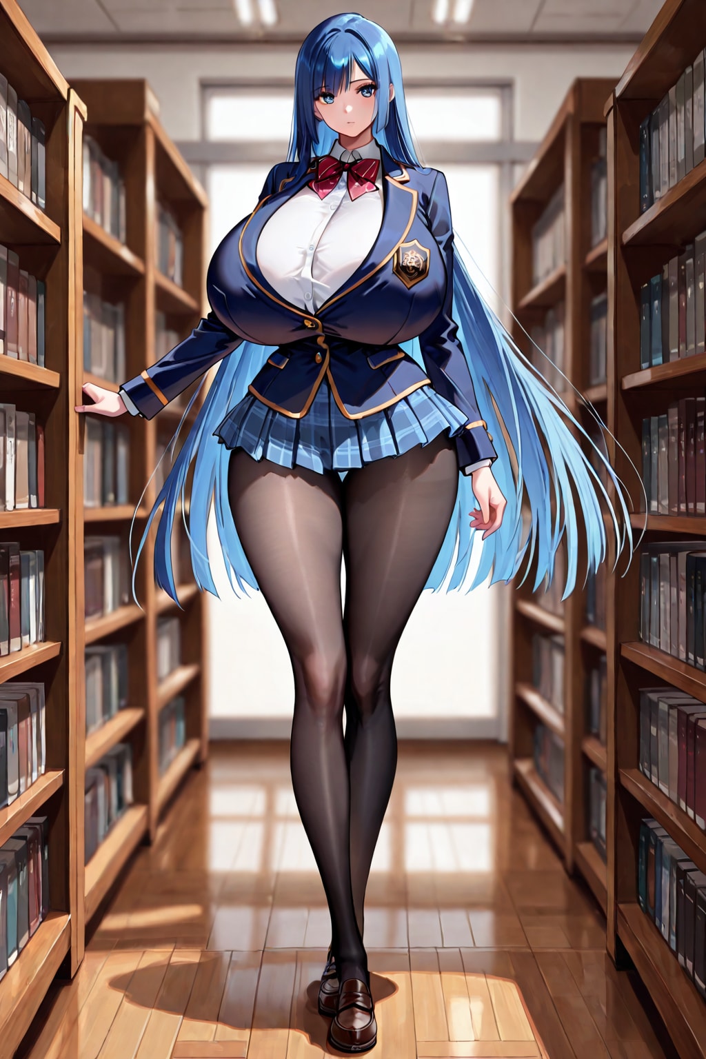 青髪の爆乳女学生