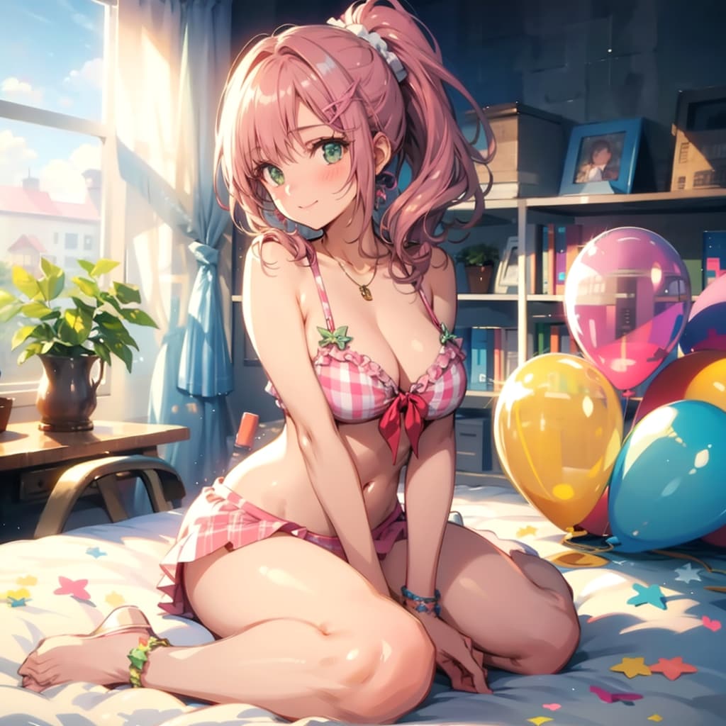 いっぱい風船を持つピンク髪ポニーテールの美女。