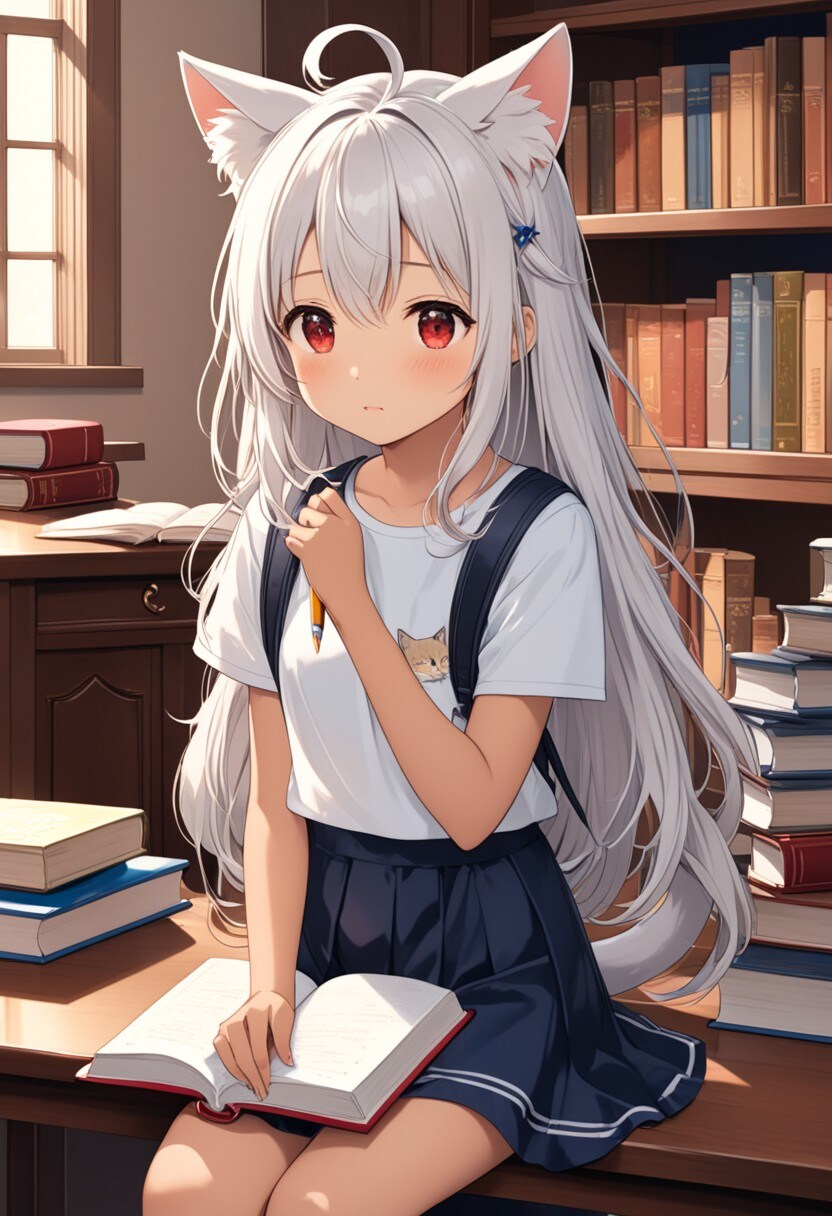宿題が終わらず絶望する猫娘 | の人気AIイラスト・グラビア