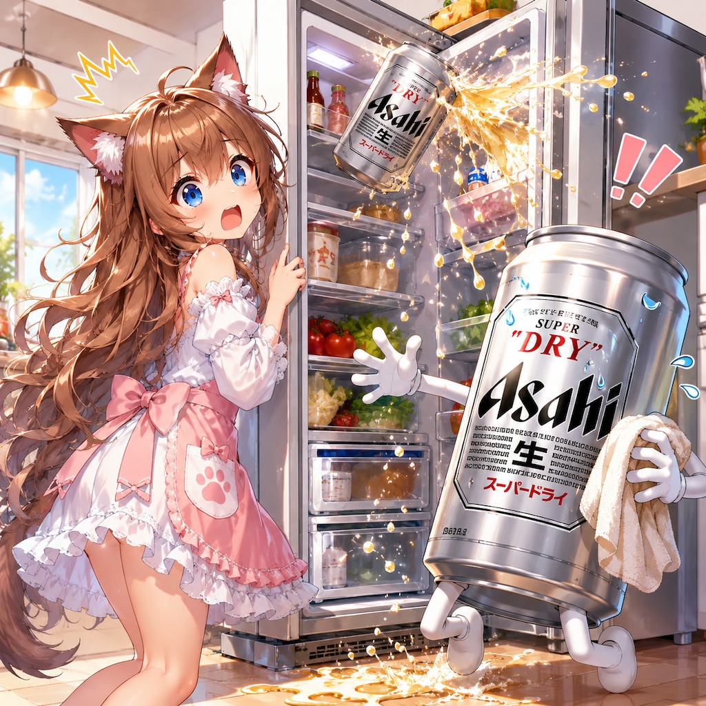 冷蔵庫のビール缶が噴き出して慌てる小さな女の子