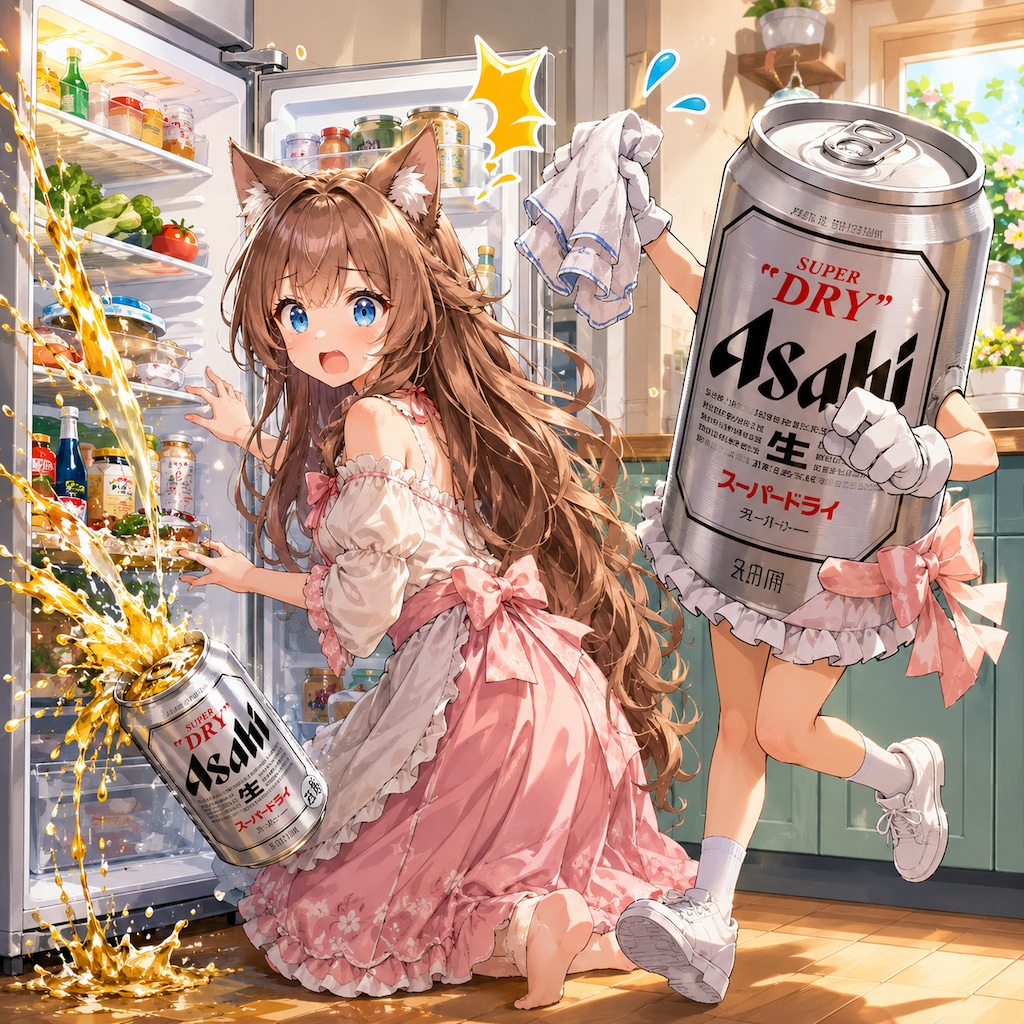 冷蔵庫のビール缶が噴き出して慌てる小さな女の子