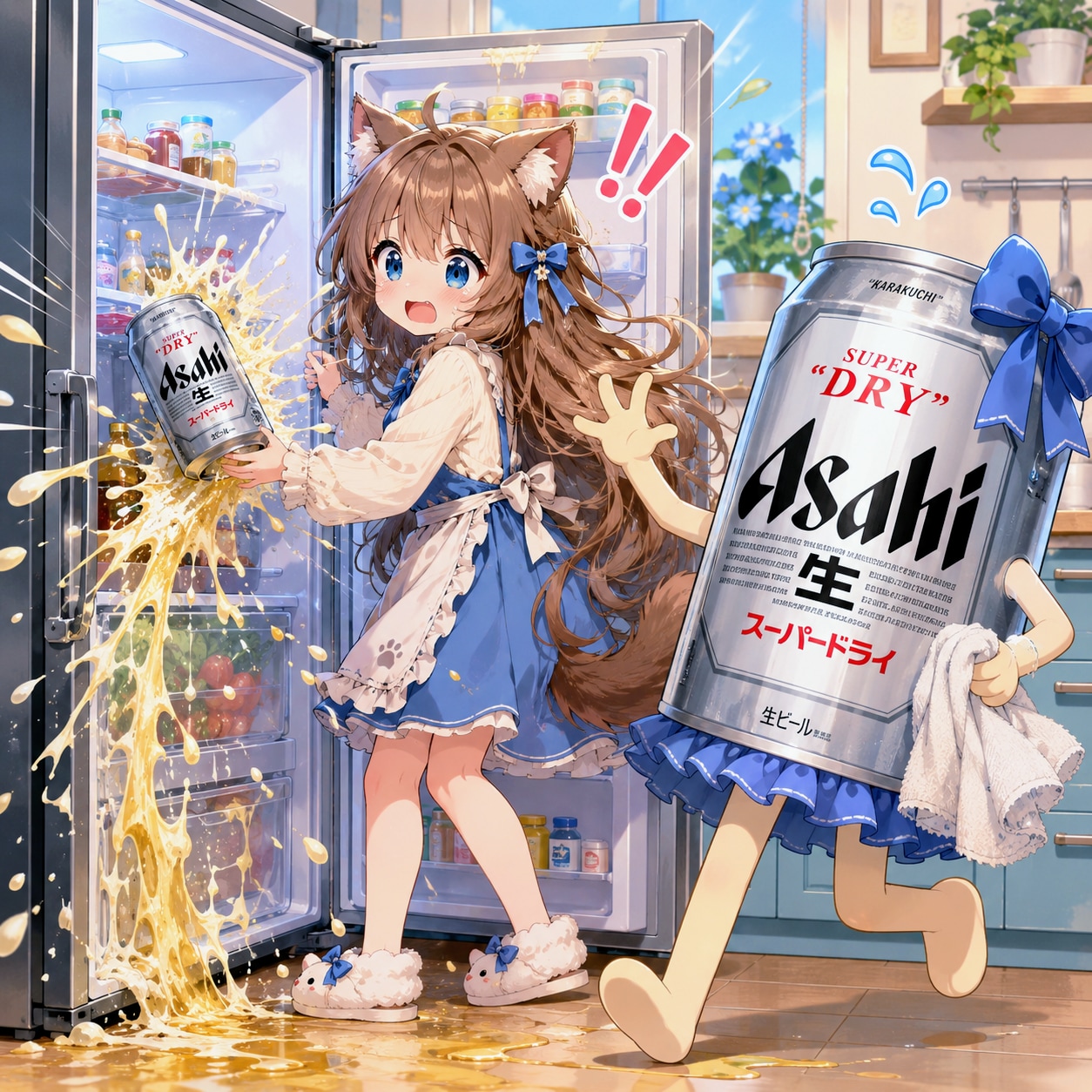 冷蔵庫のビール缶が噴き出して慌てる小さな女の子 | の人気AIイラスト・グラビア