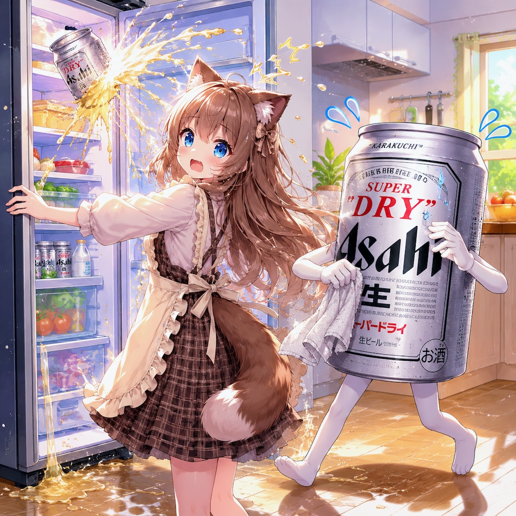 冷蔵庫のビール缶が噴き出して慌てる小さな女の子