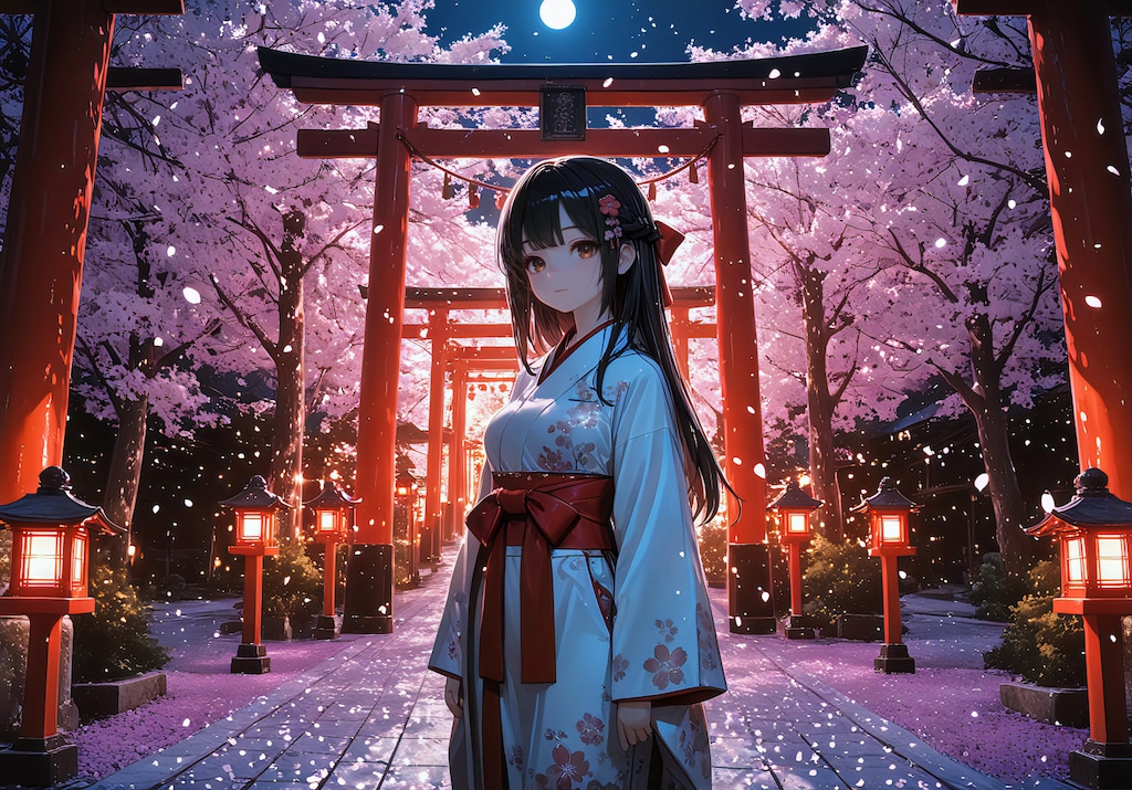 月下、桜の中で