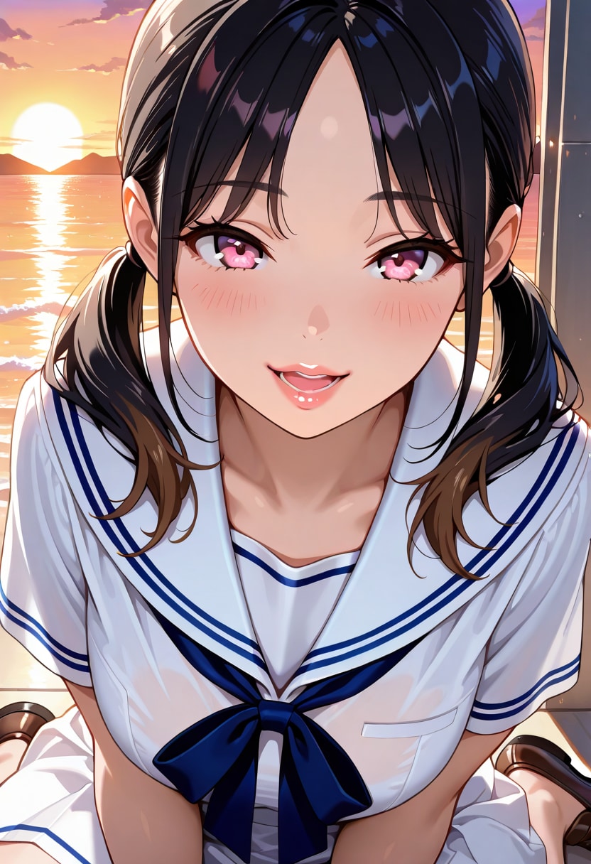 夕日と美少女