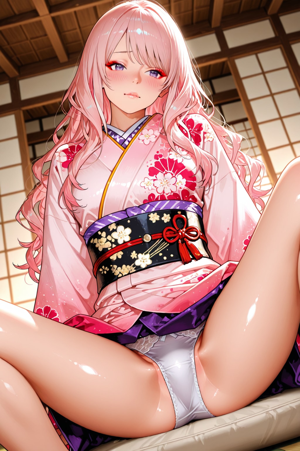 晴れ着姿で開脚ポーズを披露するM子ちゃん