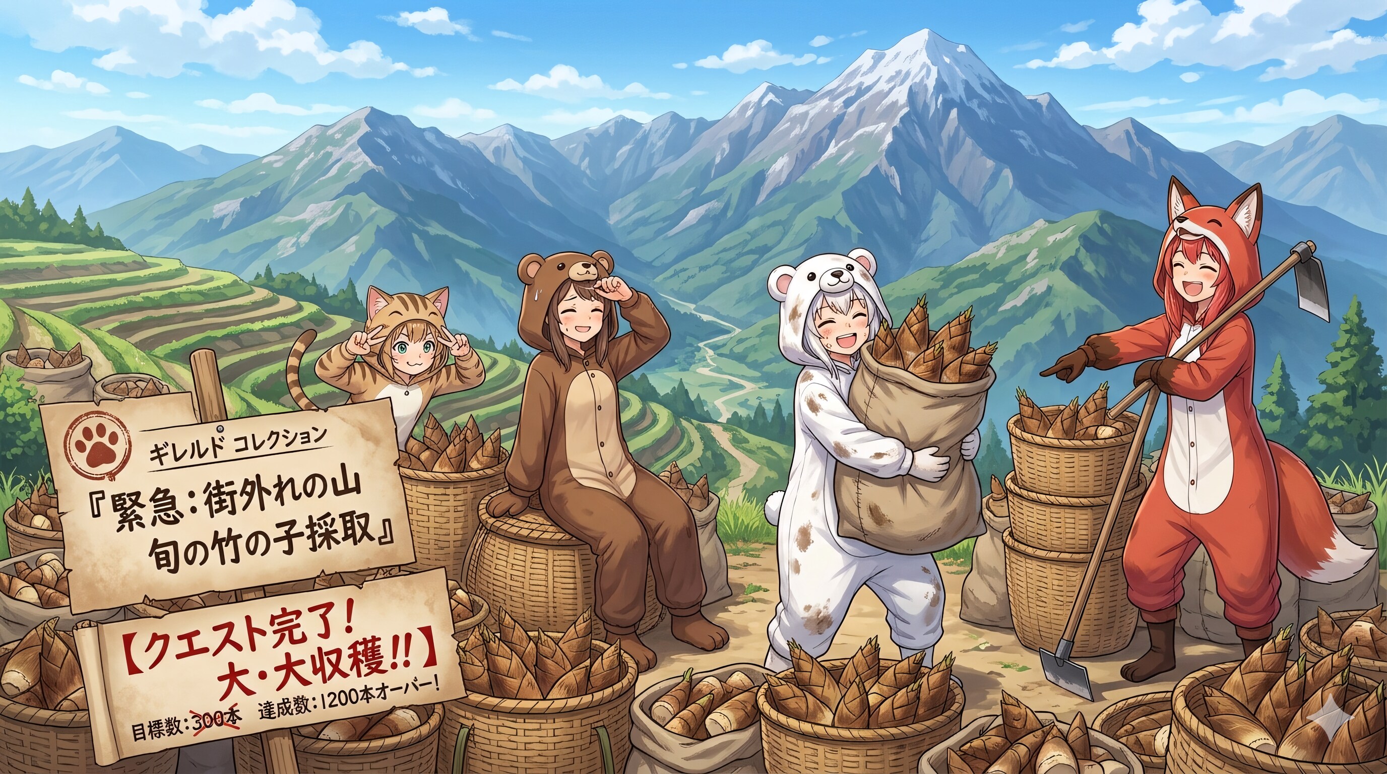 【All0510b】「街の外にある山で旬の竹の子を採取する」を行い、依頼以上にたくさん採れた。（NanoBanana2）