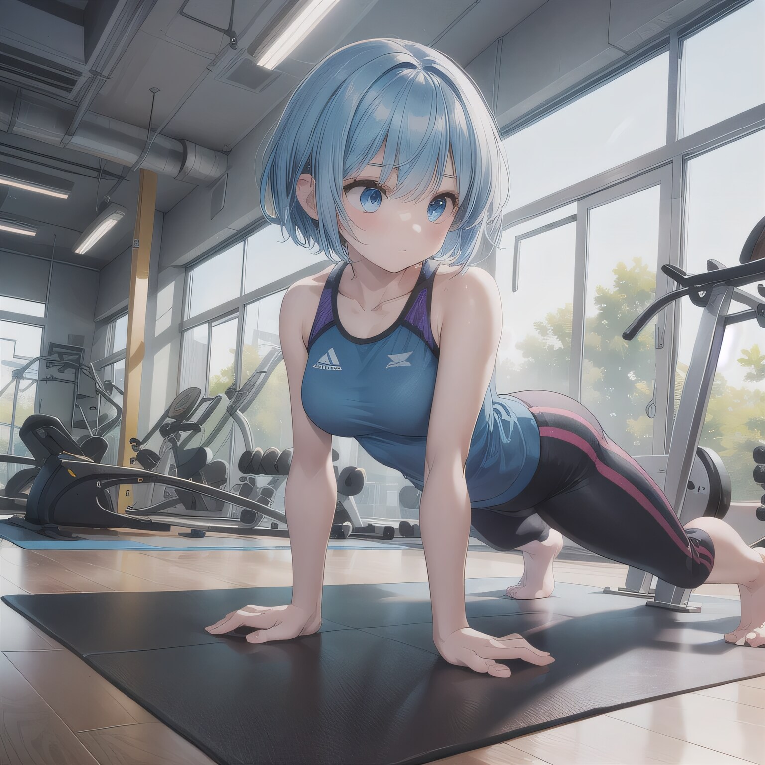 青髪ボブで筋トレの少女 | の人気AIイラスト・グラビア